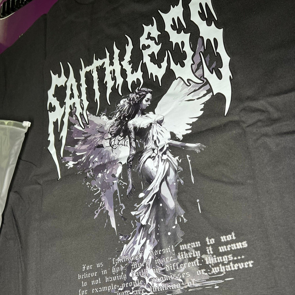 Close-up of the angel back print with dripping Faithless lettering on the Angel tee