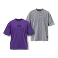 Shadow tee in washed purple and Flare tee in washed grey, front view