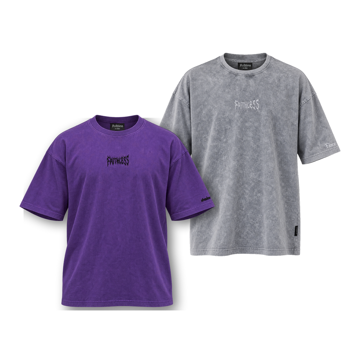 Shadow tee in washed purple and Flare tee in washed grey, front view