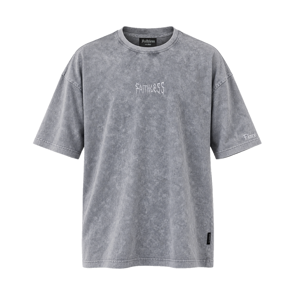Flare oversized tee in washed grey, front view with white Faithless chest embroidery