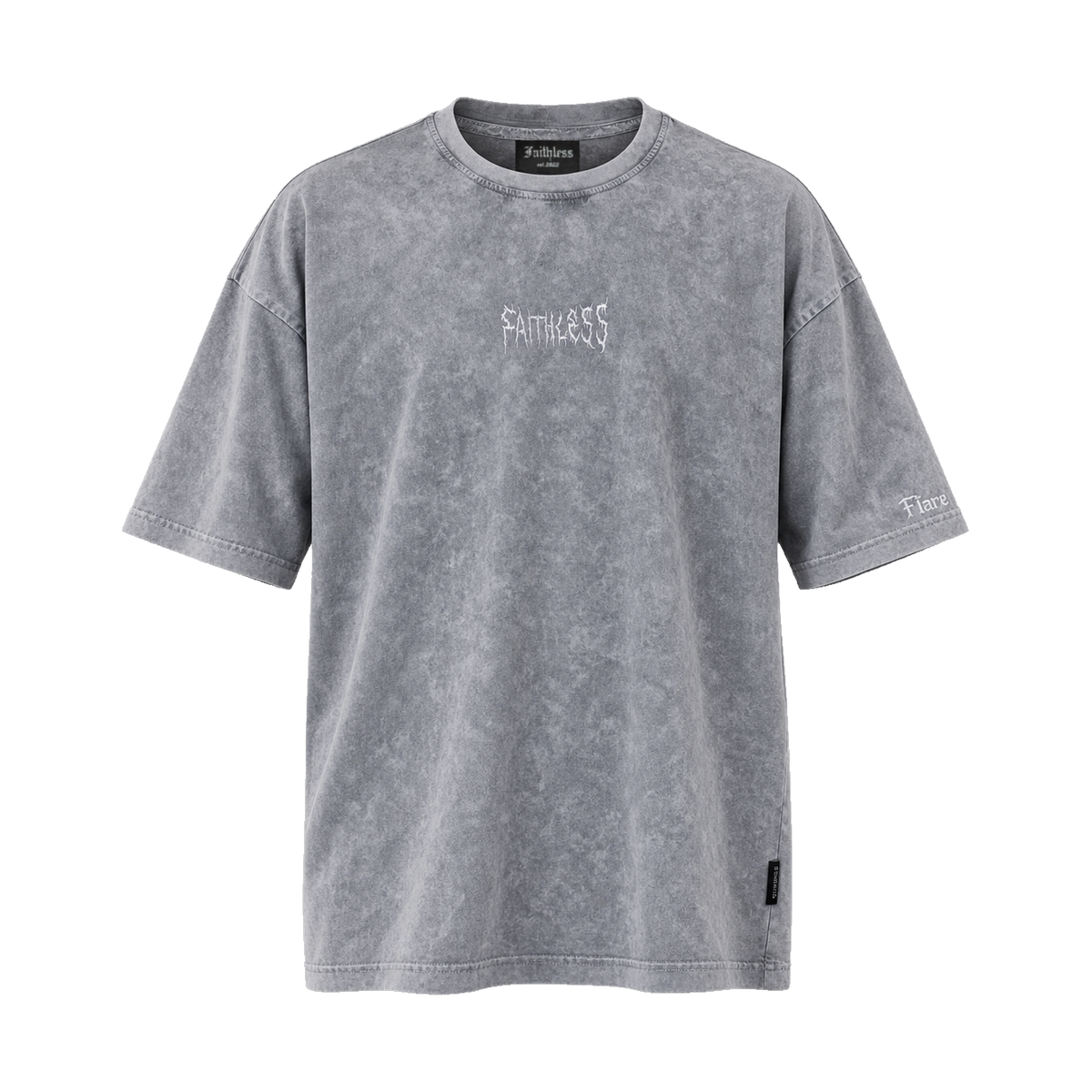Flare oversized tee in washed grey, front view with white Faithless chest embroidery