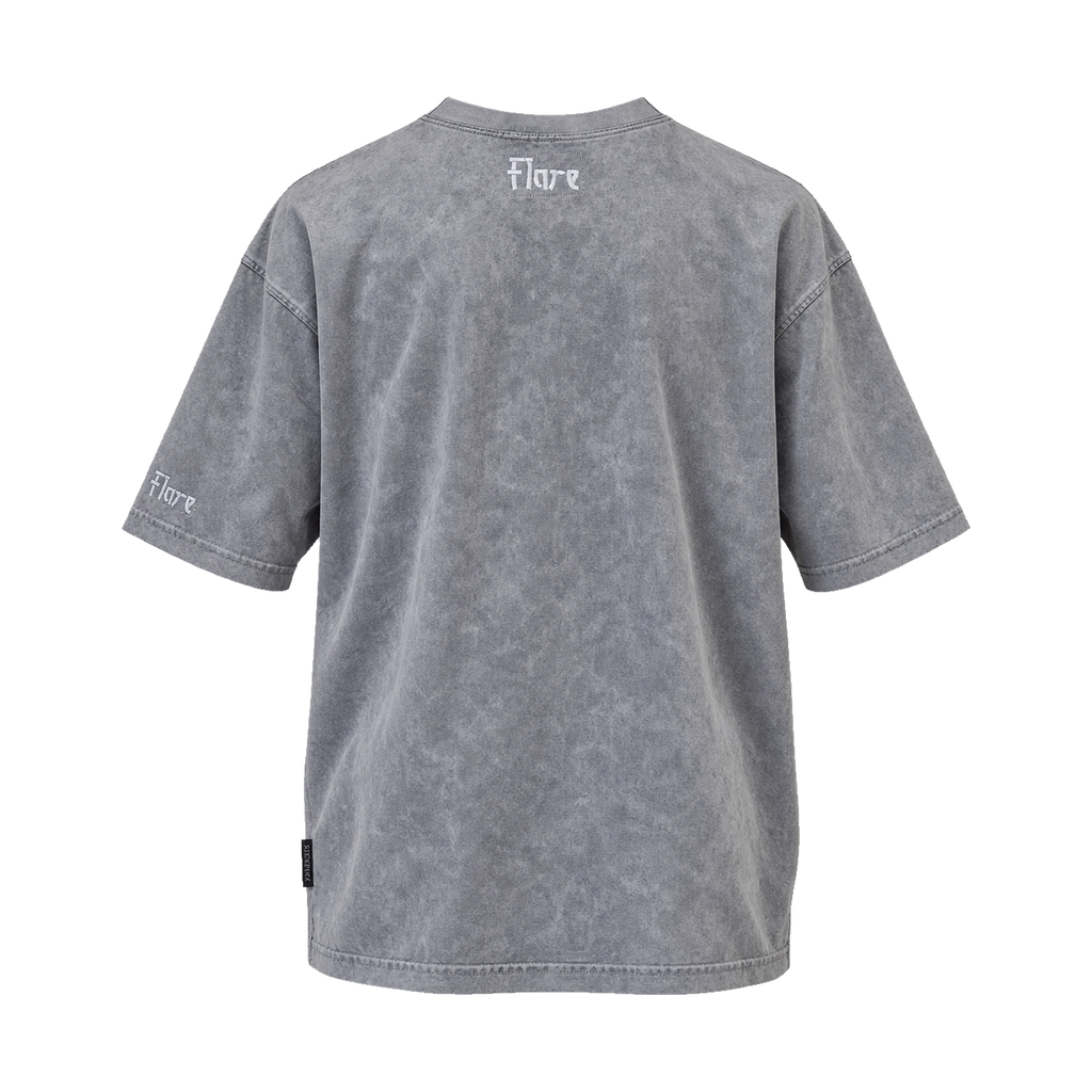 Flare tee in washed grey, back view with Flare embroidery below the collar