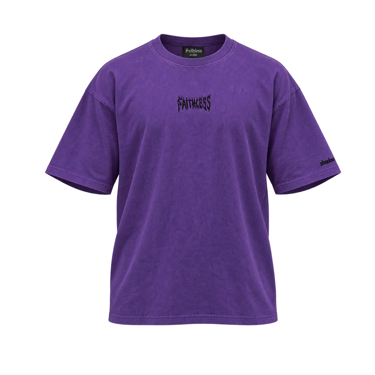 Shadow oversized tee in washed purple, front view with black Faithless chest embroidery