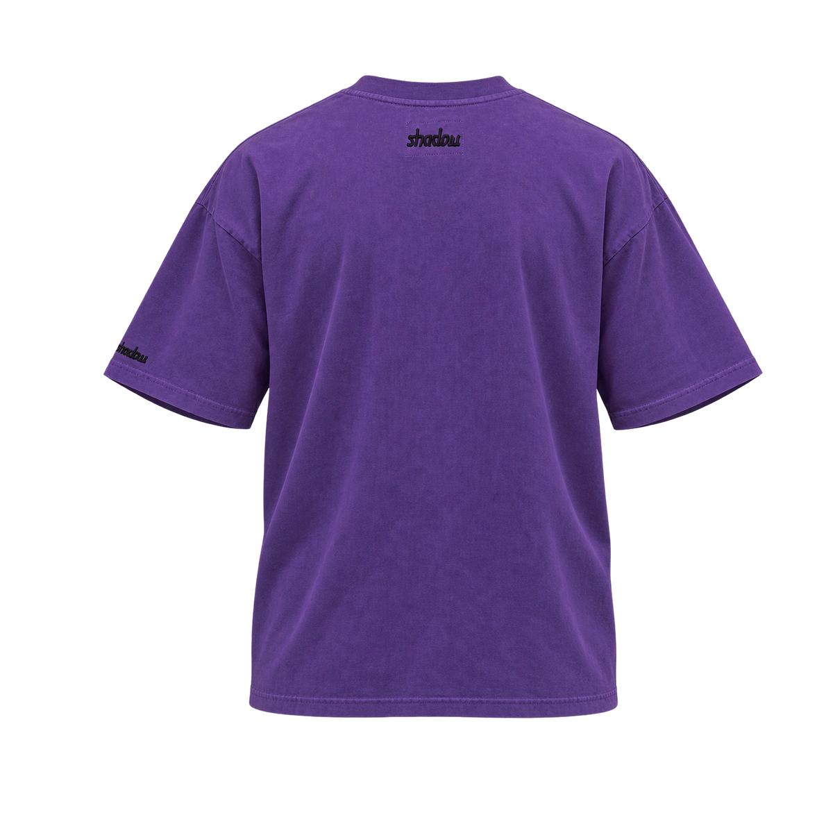 Shadow tee in washed purple, back view with shadow embroidery below the collar